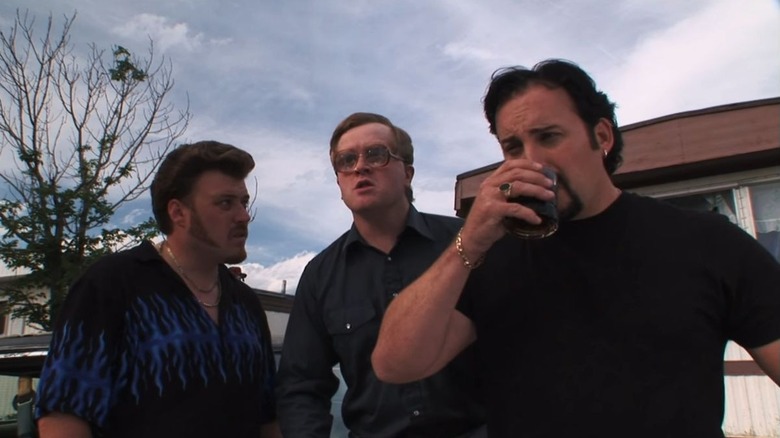 Ricky (Robb Wells), Bubbles (Mike Smith), and Julian (John Paul Tremblay) scheme in Trailer Park Boys