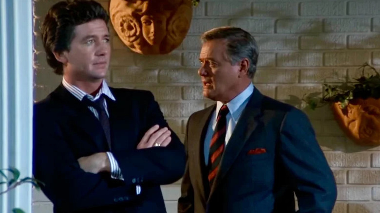Larry Hagman as J.R. talking to Patrick Duffy as Bobby in Dallas
