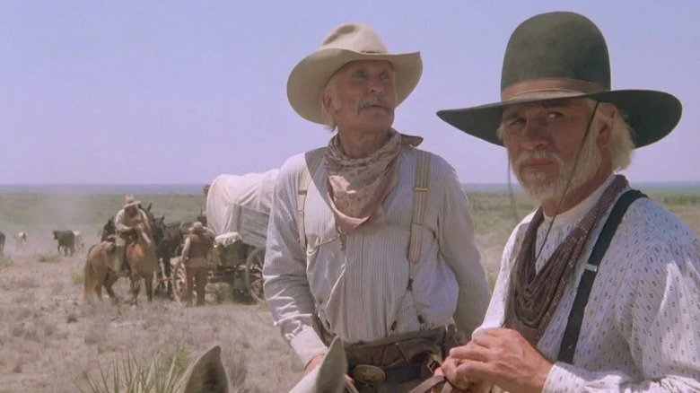 Robert Duvall as Gus McCrae and Tommy Lee Jones as Woodrow Call as cowboys on the range in Lonesome Dove