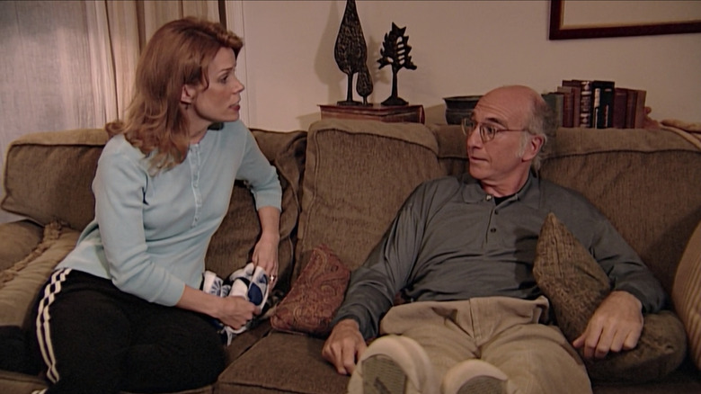 Larry shows Cheryl his pants in "The Pants Tent"