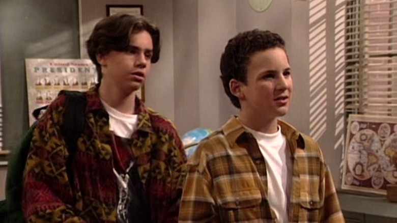 Shawn Hunter and Cory Matthews standing in the classroom on Boy Meets World S2E17