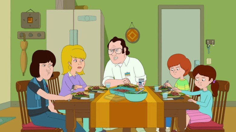 Kevin, Sue, Frank, Bill, and Maureen sitting around the dinner table on F Is for Family S1E1