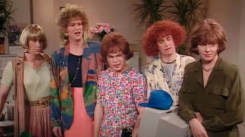 Bruce McCullogh, Mark McKinney, Scott Thompson, Kevin McDonald, and Dave Foley dressed as women in Kids in the Hall