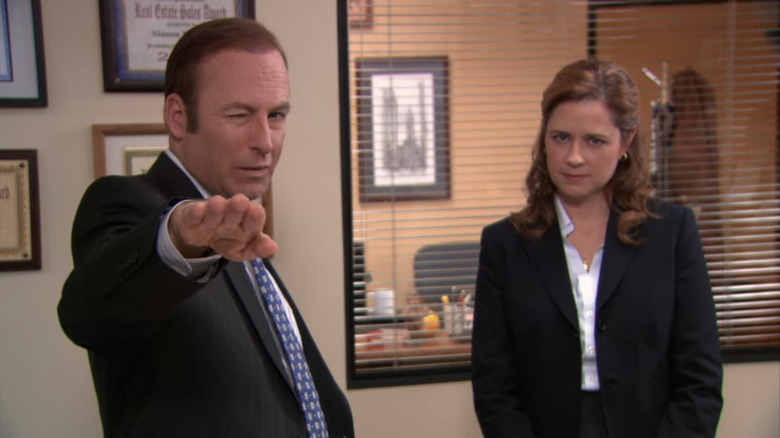 Bob Odenkirk as Mark Frank and Jenna Fischer as Pam Beesly, talking to the camera in "The Office."