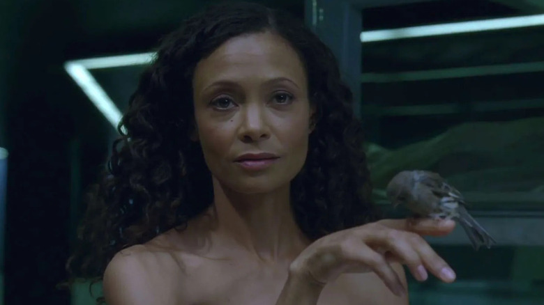 Thandiwe Newton as Maeve holding a bird on her finger in Westworld