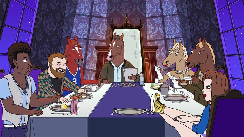 BoJack sits at a dinner table, holding a bucket, surrounded by the dead people in his life in BoJack Horseman.