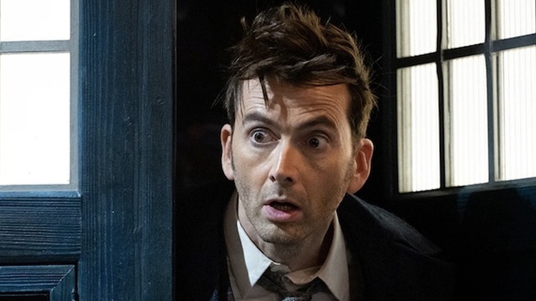 David Tennant as the Tenth Doctor coming out of the TARDIS in Doctor Who