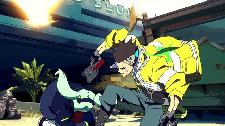 Rebecca and David take cover in Cyberpunk: Edgerunners.