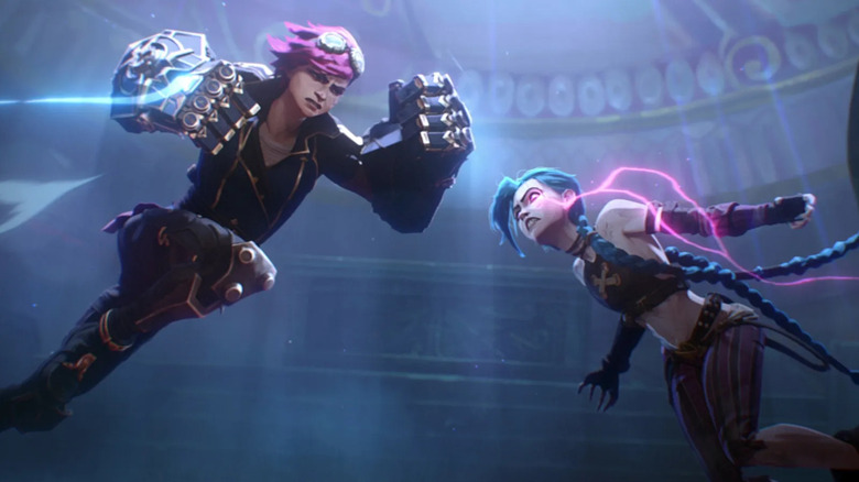 Vi and Jinx lunge toward each other in Arcane.