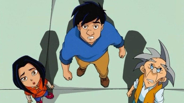 The Chans look up in fear in Jackie Chan Adventures.