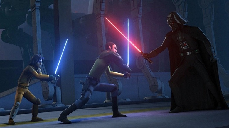 Ezra and Kanan face Darth Vader in Star Wars Rebels.