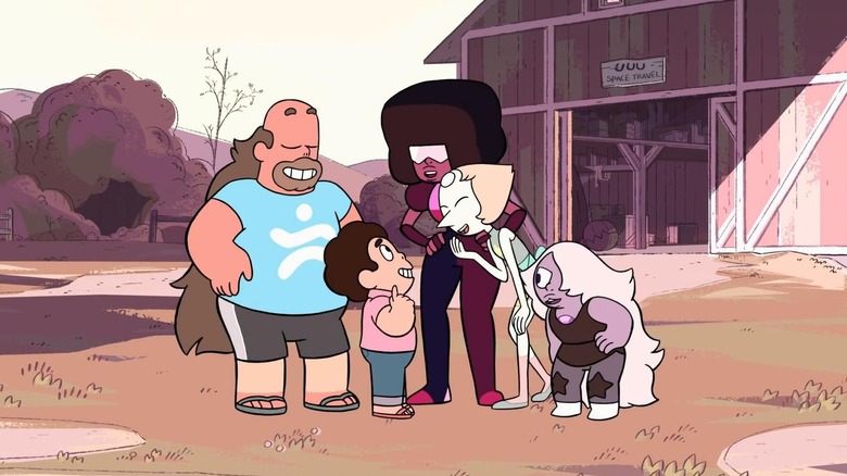 Steven with his father and guardians in Steven Universe.