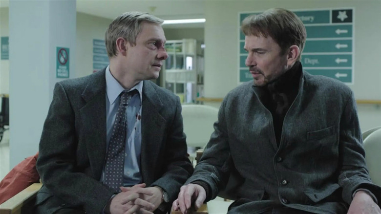 Lester Nygaard (Martin Freeman) and Lorne Malvo (Billy Bob Thornton) chat in a hospital in Fargo