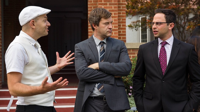 Paul Scheer as Andre, Mark Duplass as Pete Eckhart, and Nick Kroll as Ruxin talk outside in The League
