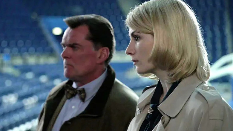 Stuart Milligan's Arthur O'Neill and Jodie Whittaker's Sandra Grimes looking serious on The Assets