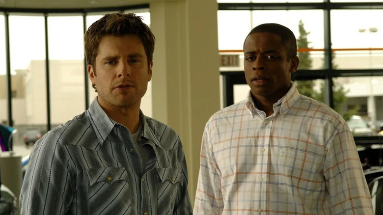 James Roday as Shawn standing next to Dulé Hill as Gus in Psych