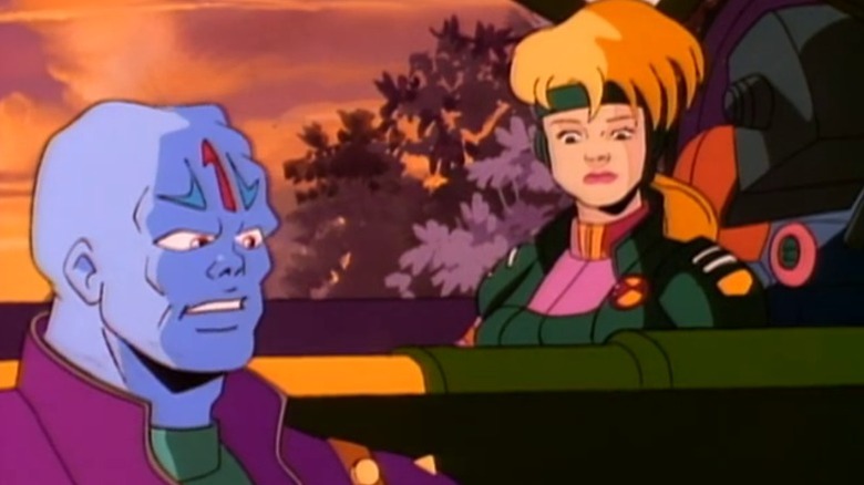 Nara Burns sitting in an aircraft next to Marsala on Exosquad S2E15