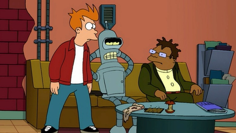 Bender leaning back on the couch while Fry and Hermes look at him on Futurama S3E5