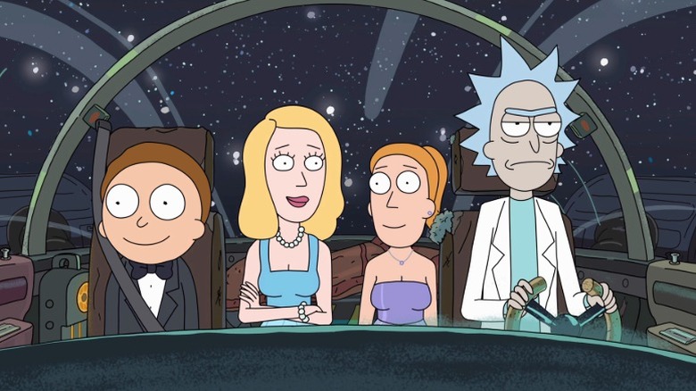 Morty, Beth, and Summer in formal attire riding Rick's spaceship while he drives on Rick and Morty S2E10