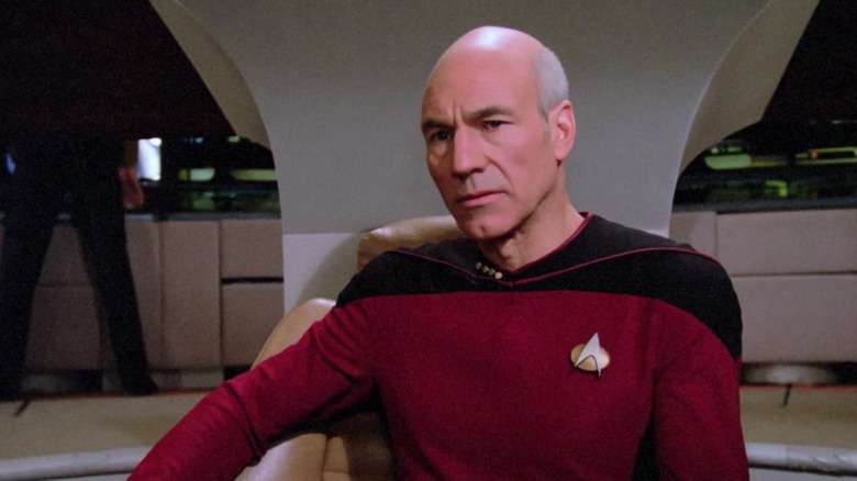 Captain Picard sitting in the command chair on Star Trek: The Next Generation S1E23