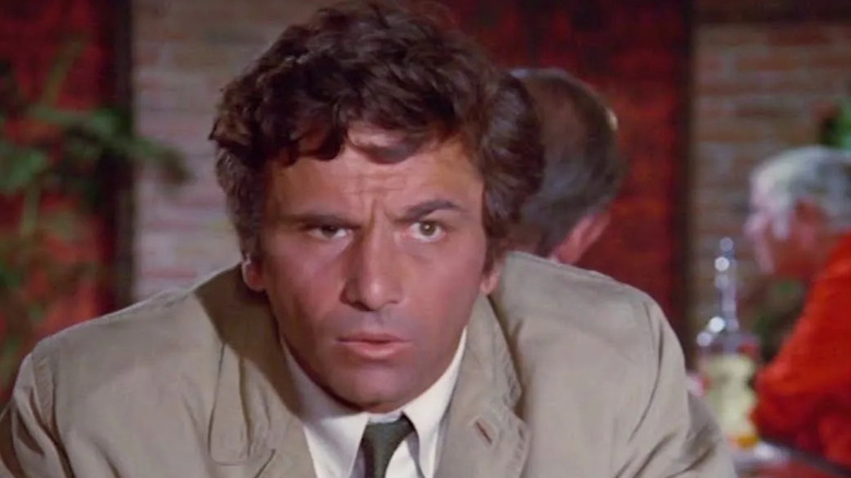 Columbo (Peter Falk) is befuddled in Columbo