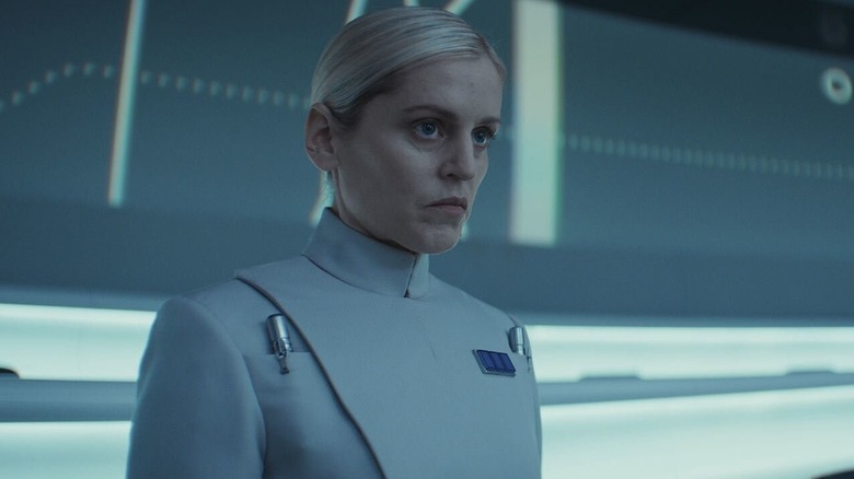 Denise Gough as Dedra Meero, frowning in Andor.