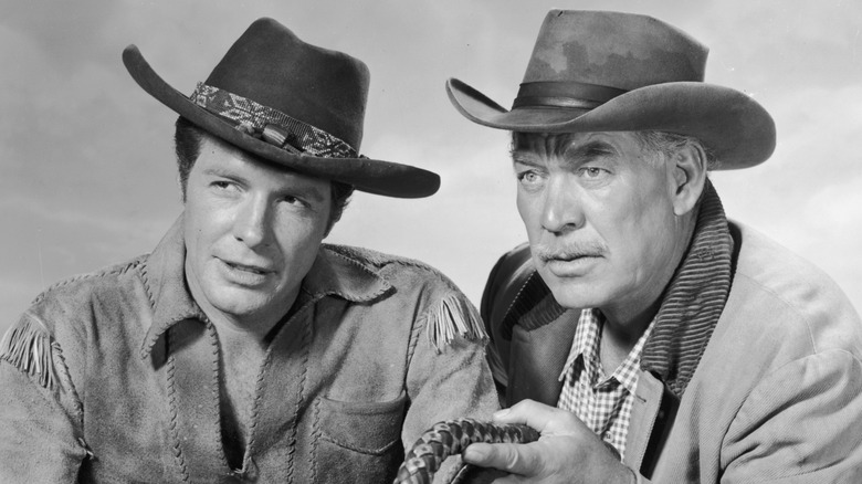 Robert Horton and Ward Bond wearing cowboy hats in Wagon Train