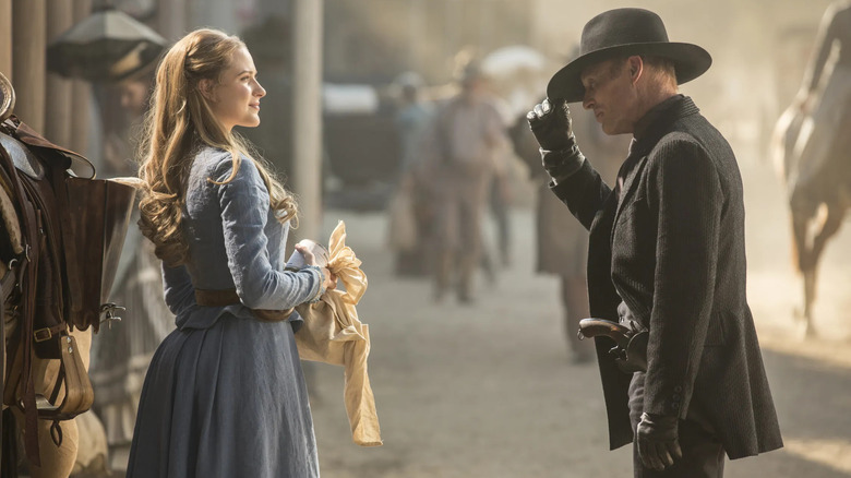 Evan Rachel Wood and Ed Harris as Dolores and The Man in Black, meeting in Westworld.