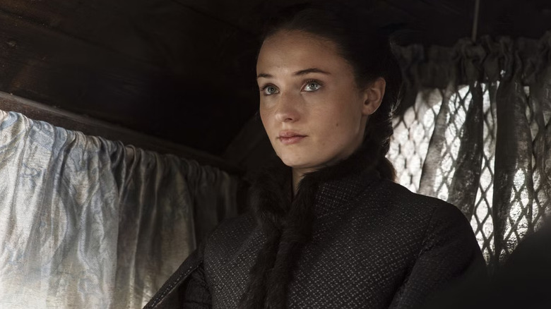 Sophie Turner as Sansa wearing all black in Game of Thrones