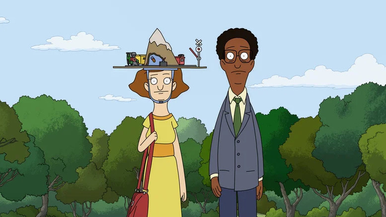Animated characters Paige, wearing mountain hat on her head, next to Owen, wearing suit in front of green park in Central Park