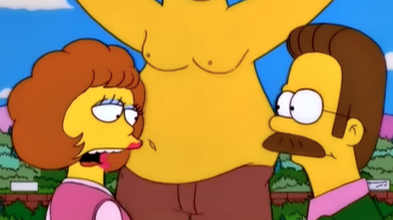 Maggie Roswell as Maude Flanders talks to Harry Shearer as Ned Flanders on The Simpsons
