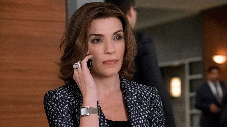 Julianna Margulies as Alicia Florrick, taking a phone call on The Good Wife.