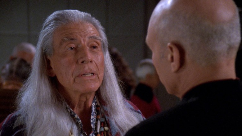 Anthwara (Ned Romero) speaks with Jean-Luc Picard (Patrick Stewart) on Star Trek: The Next Generation