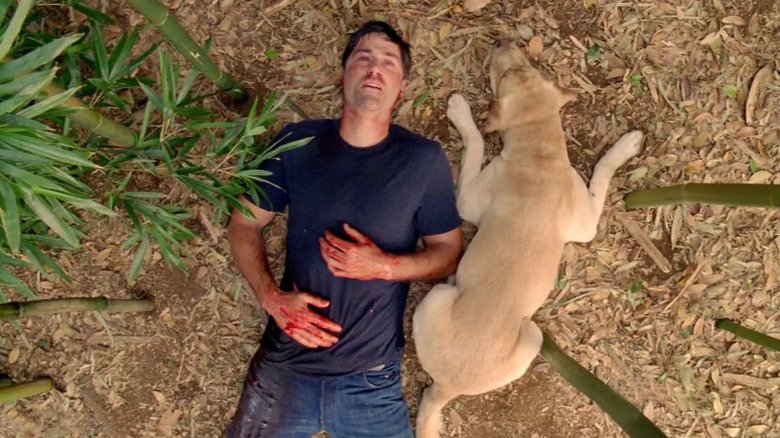 Matthew Fox as Jack, laying on the floor next to the dog, Vincent, in Lost.
