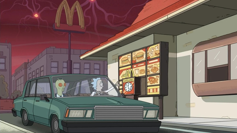 Rick taking an alien agent through a McDonalds drive through in Rick and Morty.