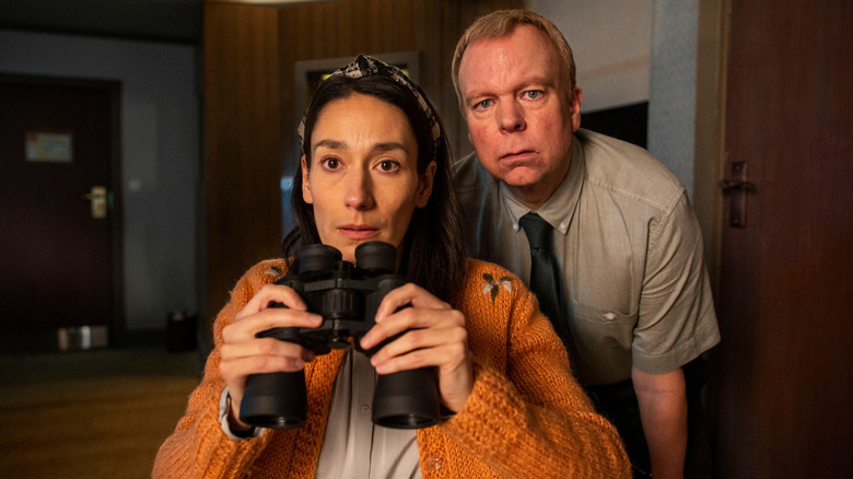 Iris (Sian Clifford) spies on Felix's (Steve Pemberton) wife in Inside No. 9 episode Lip Service