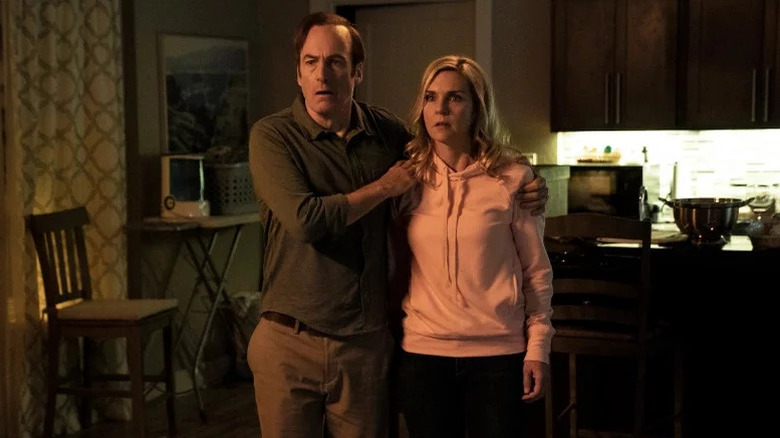 Bob Odenkirk's Jimmy McGill and Rhea Seehorn's Kim Wexler looking scared on Better Call Saul