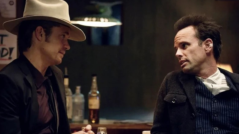 Timothy Olyphant's Raylan Givens and Walton Goggins' Boyd Crowder talking on Justified