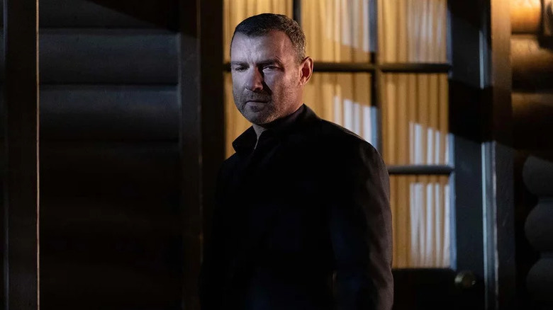 Liev Schreiber's Ray Donovan wearing dark clothes and looking sad on Ray Donovan