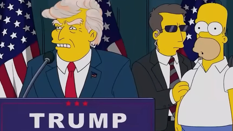 Animated Donald Trump standing in front of podium with Homer Simpson and secret service agent standing behind him
