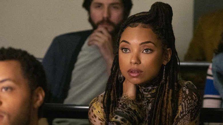 Sam White (Logan Browning) sits intently in class in Dear White People