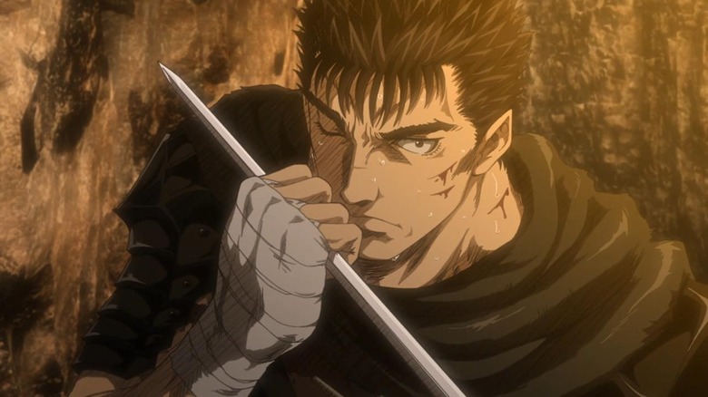 Guts holding a sword to his chin in Berserk