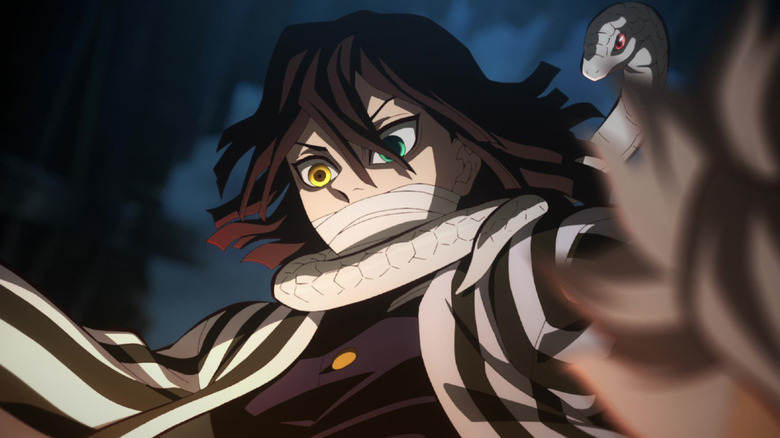 Obanai with a snake curled around his neck in Demon Slayer