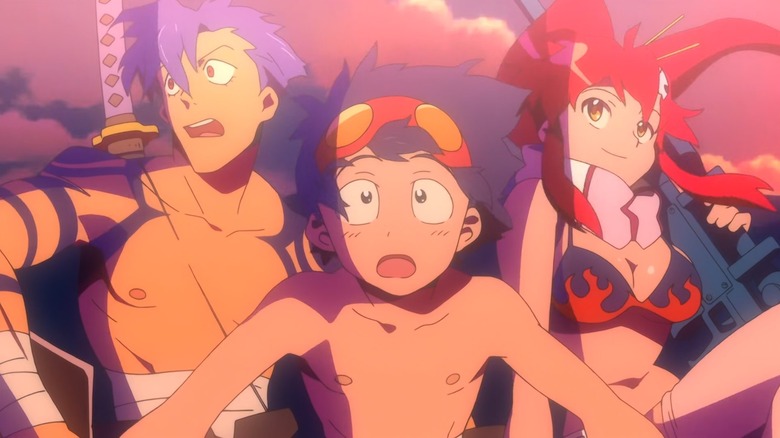Kamina, Simon, and Yoko looking in different directions in Gurren Lagann