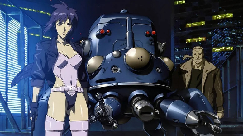 Motoko Kusanagi and Batou stand by a gunship in Ghost in the Shell: Stand Alone Complex