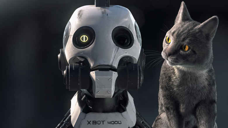 XBOT 4000 (Gary Anthony Williams) stands with a cat on its shoulder in Love, Death & Robots