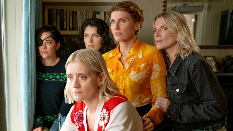 Sarah Greene as Bibi, Anne-Marie Duff as Grace, Eve Hewson as Becka, Sharon Horgan as Eva, and Eva Birthistle as Ursula in Bad Sisters