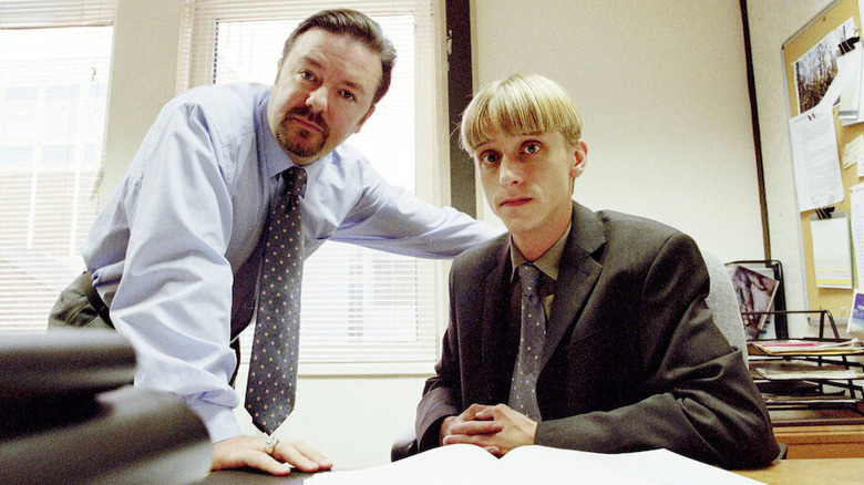 Ricky Gervais as David tries to inspire Mackenzie Crook's Gareth on "The Office."