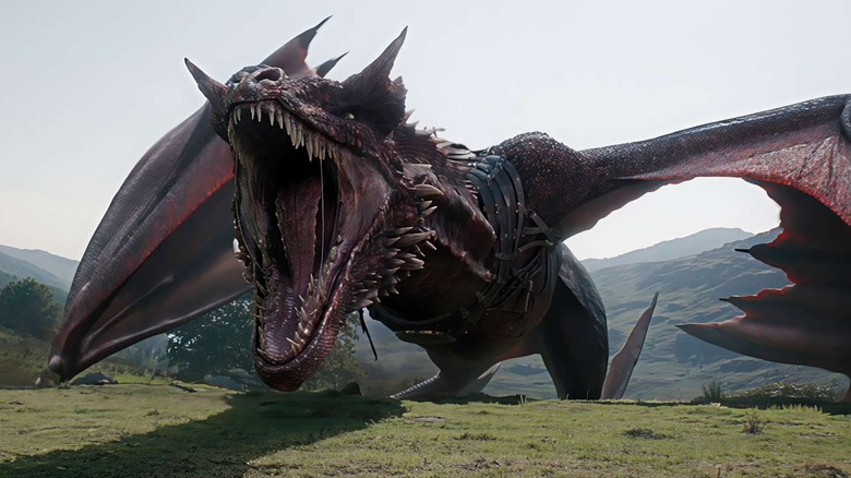 A dragon roaring in a field
