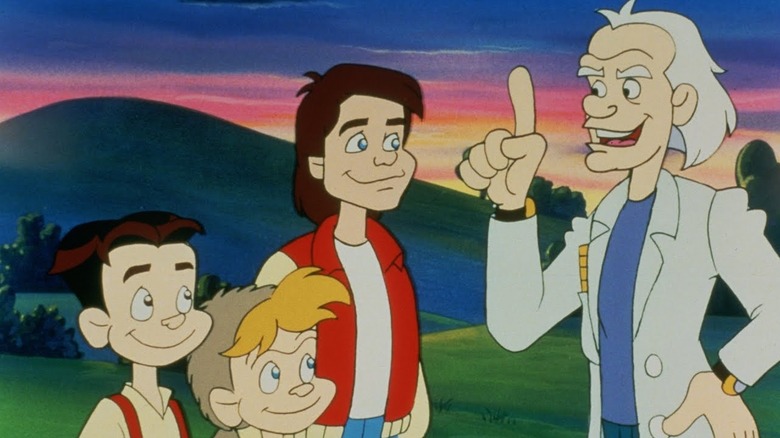 Doc Brown with Marty McFly, Jules, and Verne in the intro to Back to the Future: The Animated Series